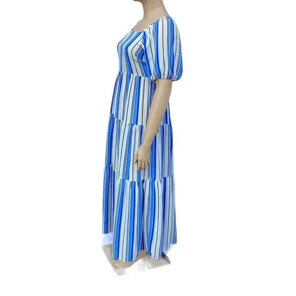 New Melonie Women White Blue Stripes Square Neck Puff Sleeve Maxi Dress 14 - Picture 2 of 4